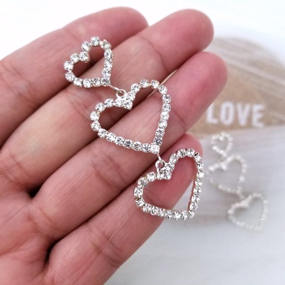 White Crystal Heart Triple Drop Earrings - Picture 3 of 6